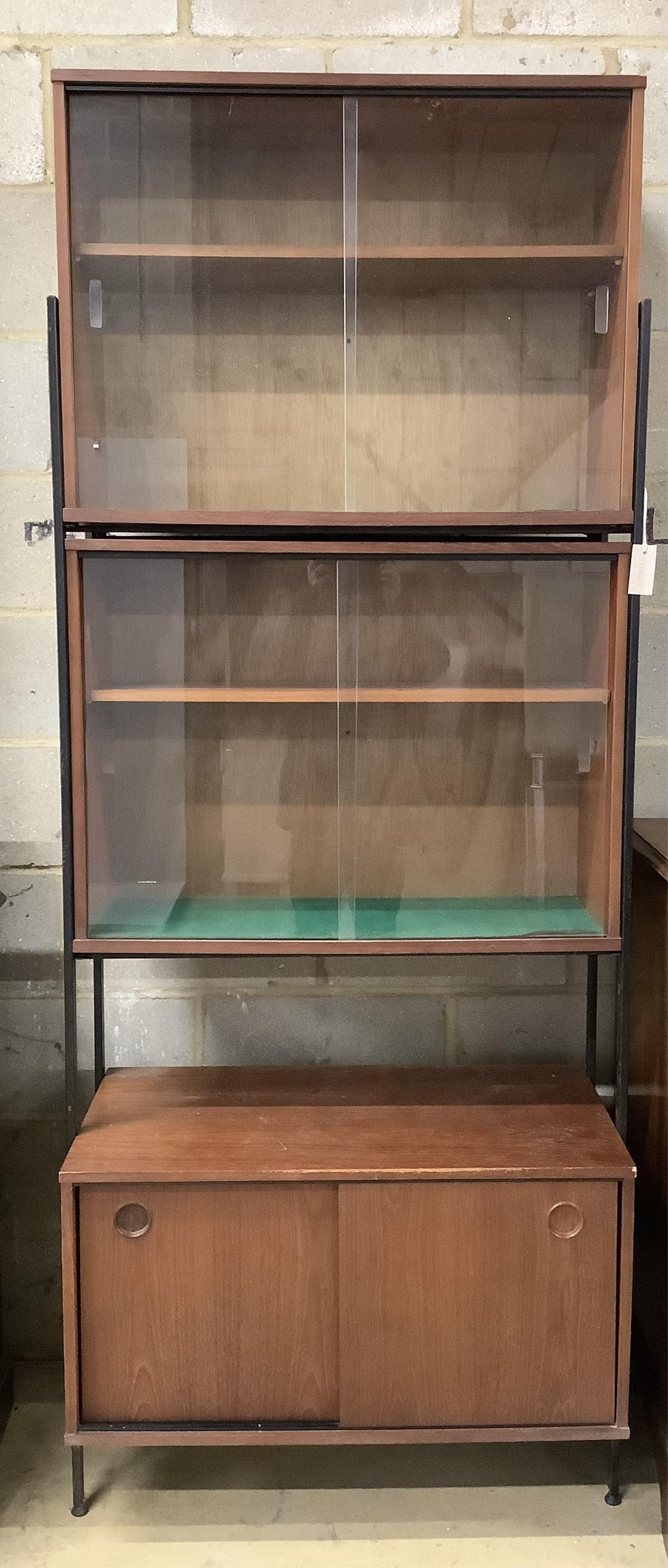 A mid century Ladderax type three section wall unit, width 82cm, height 162cm. Condition - fair